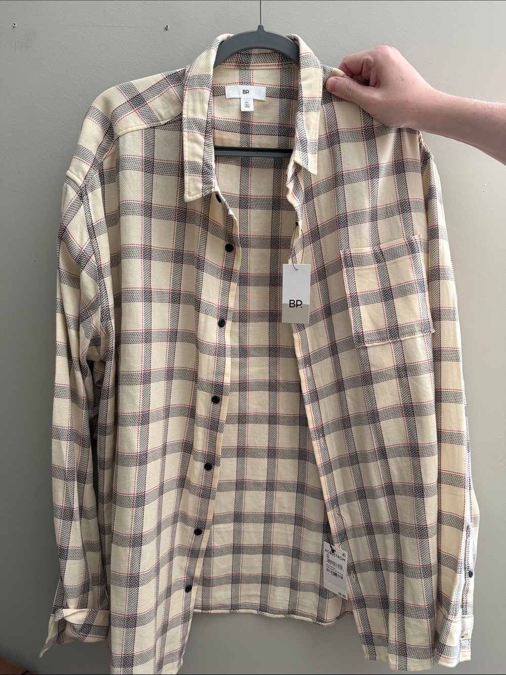 bp Men’s Cream Plaid Button-Down Shirt with Gray and Red Accents